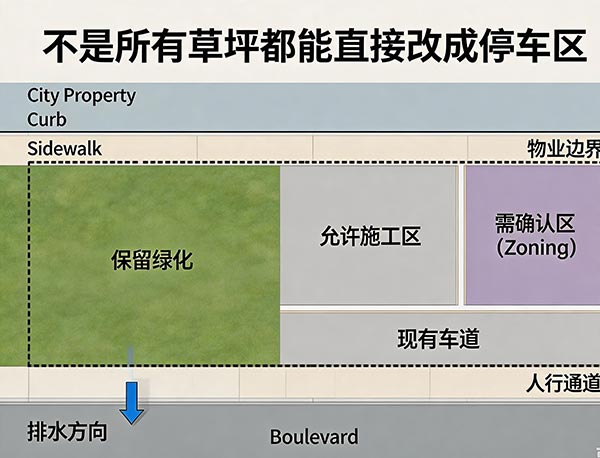 车道加宽可以占用前院草坪吗?前院改停车区需要注意什么?(图1) 车道加宽可以占用前院草坪吗?前院改停车区需要注意什么?(图1)