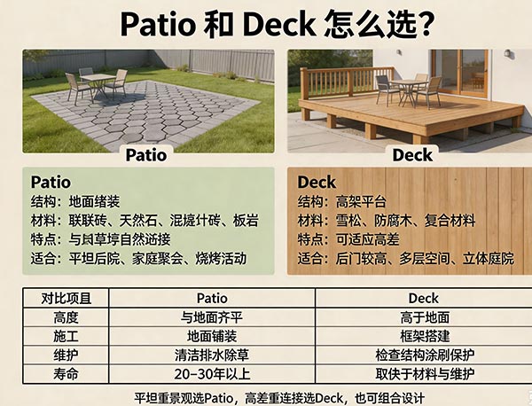 Patio 和 Deck 有什么区别?后院铺砖和木平台应该怎么选?(图1) Patio 和 Deck 有什么区别?后院铺砖和木平台应该怎么选?(图1)