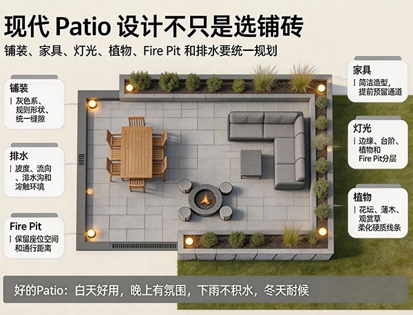 现代 Patio 设计还需要考虑什么?从铺砖到灯光打造完整庭院空间(图1) 现代 Patio 设计还需要考虑什么?从铺砖到灯光打造完整庭院空间(图1)
