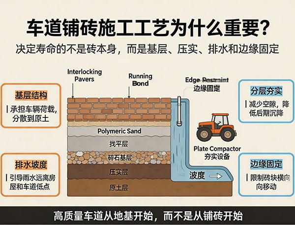 车道铺砖施工工艺：从基层处理到铺装完成的完整施工流程(图1)
