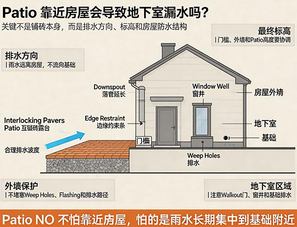 Patio 靠近房屋会不会导致地下室漏水？如何做好房屋周边排水？(图1)
