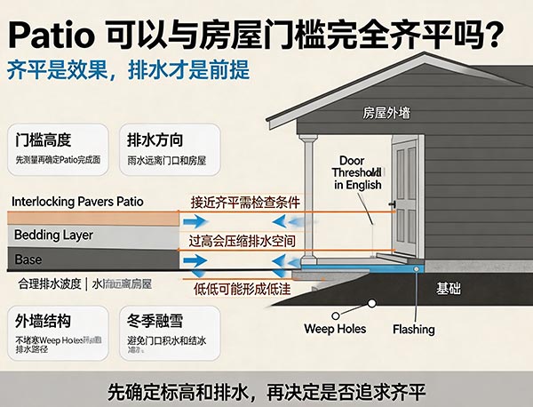 Patio 可以与房屋门槛完全齐平吗？房屋门口 Patio 标高与排水设计指南(图1)