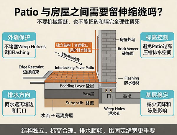 Patio 与房屋之间需要留伸缩缝吗?Patio 靠房施工的伸缩缝与排水处理指南(图1) Patio 与房屋之间需要留伸缩缝吗?Patio 靠房施工的伸缩缝与排水处理指南(图1)