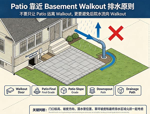 Patio 靠近 Basement Walkout 如何设计排水?地下室门口 Patio 排水施工指南(图1) Patio 靠近 Basement Walkout 如何设计排水?地下室门口 Patio 排水施工指南(图1)
