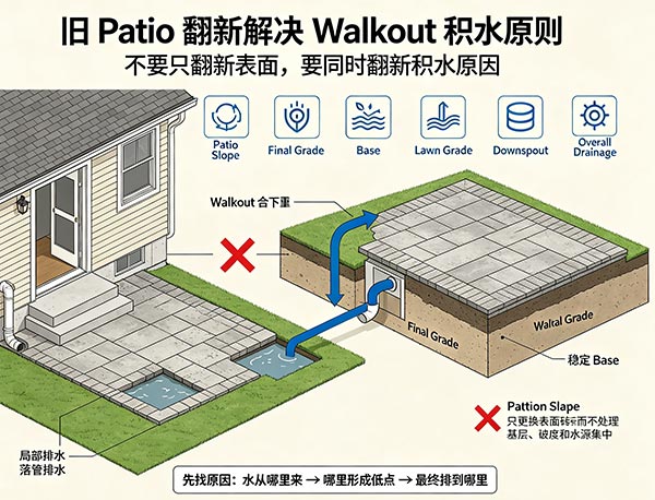 旧 Patio 翻新时需要解决 Walkout 原有积水吗?地下室门口 Patio 改造指南(图1) 旧 Patio 翻新时需要解决 Walkout 原有积水吗?地下室门口 Patio 改造指南(图1)
