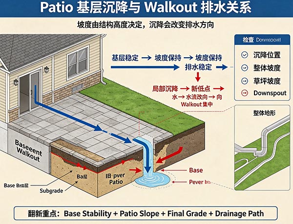 Patio 基层沉降会影响 Basement Walkout 排水吗?铺砖下沉与地下室门口积水原因分析(图1) Patio 基层沉降会影响 Basement Walkout 排水吗?铺砖下沉与地下室门口积水原因分析(图1)