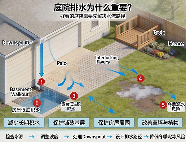 庭院排水为什么重要？多伦多后院积水、地基与铺砖排水完整指南(图1)
