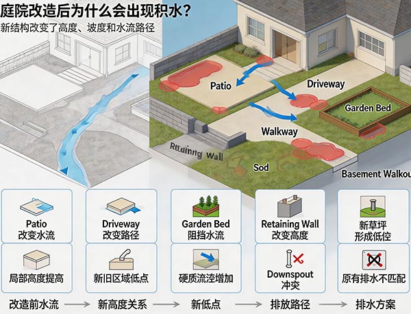 庭院改造后为什么会出现积水?多伦多 Patio、Driveway 与后院排水问题分析(图1) 庭院改造后为什么会出现积水?多伦多 Patio、Driveway 与后院排水问题分析(图1)