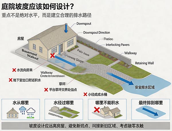 庭院坡度应该如何设计?多伦多 Patio、草坪与庭院排水坡度设计指南(图1) 庭院坡度应该如何设计?多伦多 Patio、草坪与庭院排水坡度设计指南(图1)