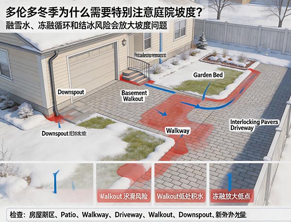 多伦多冬季为什么需要特别注意庭院坡度?Patio、Driveway 融雪排水与结冰指南(图1) 多伦多冬季为什么需要特别注意庭院坡度?Patio、Driveway 融雪排水与结冰指南(图1)