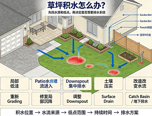 草坪积水怎么办?多伦多草坪长期积水原因与排水解决方法(图1) 草坪积水怎么办?多伦多草坪长期积水原因与排水解决方法(图1)