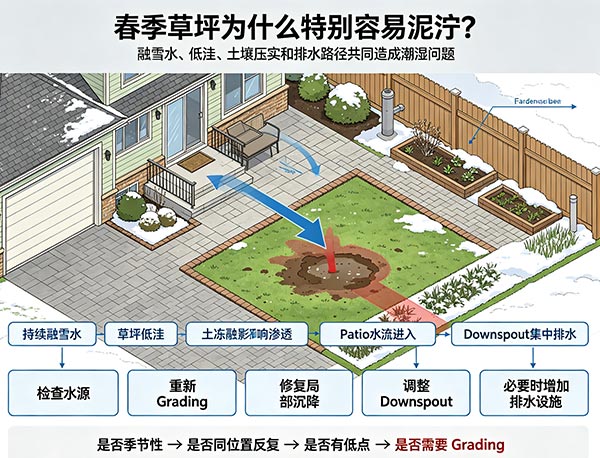 春季草坪为什么特别容易泥泞?多伦多融雪、积水与草坪排水问题分析(图1) 春季草坪为什么特别容易泥泞?多伦多融雪、积水与草坪排水问题分析(图1)