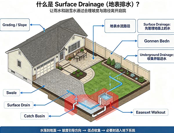 什么是 Surface Drainage(地表排水)?多伦多庭院地表排水设计与积水解决指南(图1) 什么是 Surface Drainage(地表排水)?多伦多庭院地表排水设计与积水解决指南(图1)