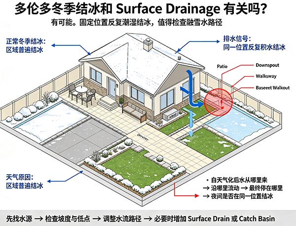 多伦多冬季结冰和 Surface Drainage 有关吗?庭院融雪排水与反复结冰原因分析(图1) 多伦多冬季结冰和 Surface Drainage 有关吗?庭院融雪排水与反复结冰原因分析(图1)