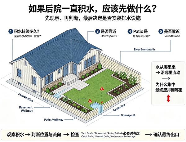如果后院一直积水,应该先做什么?5个步骤判断 Backyard Drainage 问题(图1) 如果后院一直积水,应该先做什么?5个步骤判断 Backyard Drainage 问题(图1)