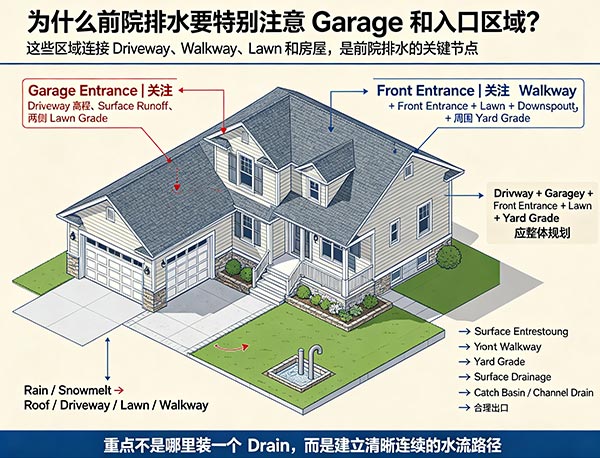 为什么前院排水要特别注意 Garage 和入口区域?Driveway 与 Yard Grade 排水分析(图1) 为什么前院排水要特别注意 Garage 和入口区域?Driveway 与 Yard Grade 排水分析(图1)