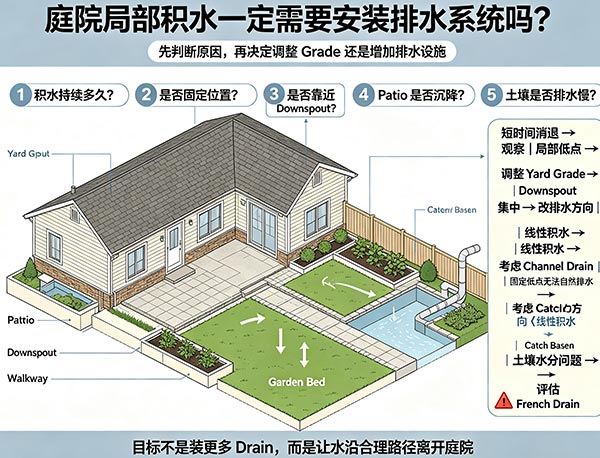 庭院局部积水一定需要安装排水系统吗？先判断积水原因再决定(图1)