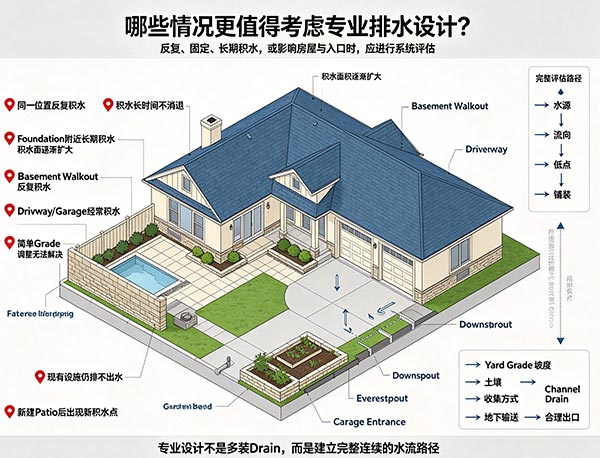 哪些情况更值得考虑专业排水设计?判断庭院 Yard Drainage 是否需要系统规划(图1) 哪些情况更值得考虑专业排水设计?判断庭院 Yard Drainage 是否需要系统规划(图1)