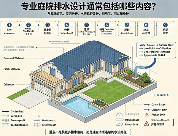专业庭院排水设计通常包括哪些内容?从现场评估到排水施工(图1) 专业庭院排水设计通常包括哪些内容?从现场评估到排水施工(图1)