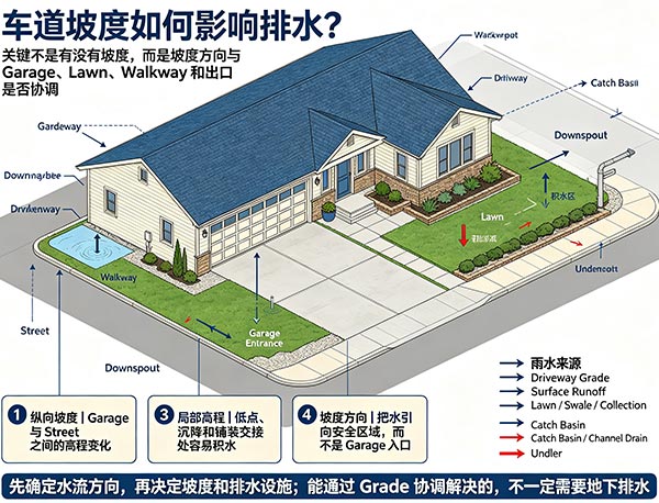 车道坡度如何影响排水?Driveway Grade 与 Yard Drainage 设计指南(图1) 车道坡度如何影响排水?Driveway Grade 与 Yard Drainage 设计指南(图1)