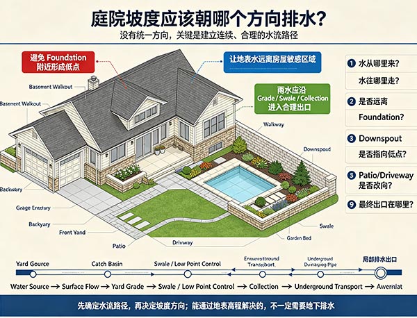 庭院坡度应该朝哪个方向排水?Yard Grade 与庭院排水设计指南(图1) 庭院坡度应该朝哪个方向排水?Yard Grade 与庭院排水设计指南(图1)