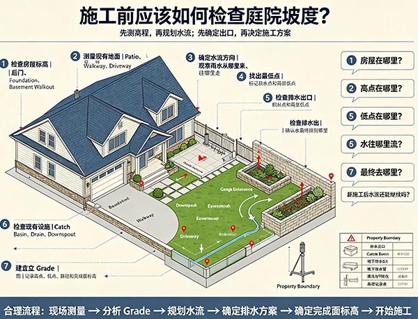 施工前应该如何检查庭院坡度?Patio、Driveway 排水 Grade 检查指南(图1) 施工前应该如何检查庭院坡度?Patio、Driveway 排水 Grade 检查指南(图1)