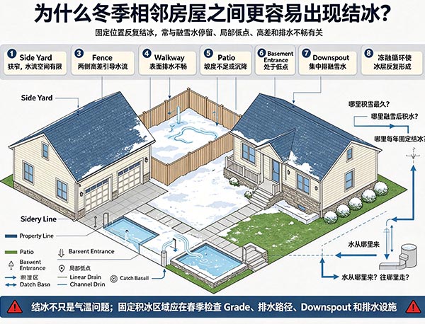 为什么冬季相邻房屋之间更容易出现结冰?庭院排水与Grade分析(图1) 为什么冬季相邻房屋之间更容易出现结冰?庭院排水与Grade分析(图1)
