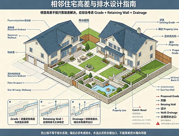 相邻房屋之间存在明显高差怎么办?|Grade、挡土墙与排水设计(图1) 相邻房屋之间存在明显高差怎么办?|Grade、挡土墙与排水设计(图1)