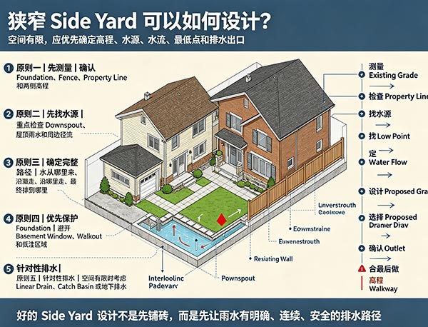 狭窄 Side Yard 可以如何设计?|多伦多住宅侧院排水与铺砖指南(图1) 狭窄 Side Yard 可以如何设计?|多伦多住宅侧院排水与铺砖指南(图1)