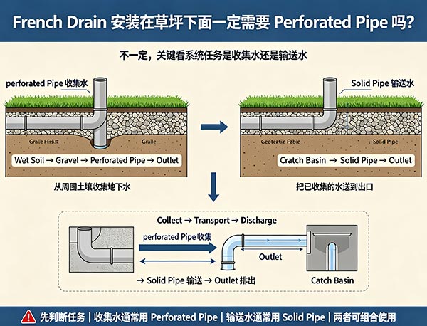 French Drain 安装在草坪下面一定需要 Perforated Pipe 吗？｜Lawn 地下排水指南(图1)