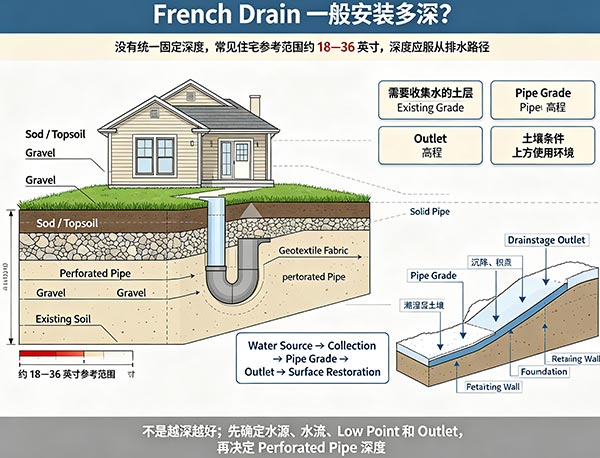 French Drain 一般安装多深？｜多伦多 Lawn 法式排水深度与设计指南(图1)