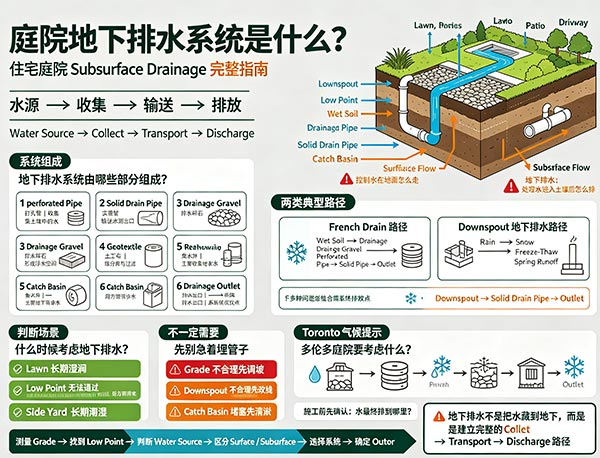 庭院地下排水系统是什么?French Drain、排水管与集水井完整解析|多伦多庭院排水(图1) 庭院地下排水系统是什么?French Drain、排水管与集水井完整解析|多伦多庭院排水(图1)