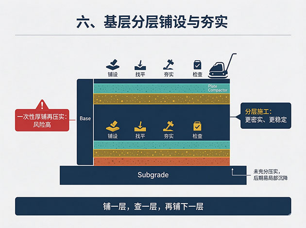 基层分层铺设与夯实 露台施工工艺:从场地准备到铺装完成的完整施工流程(图7)