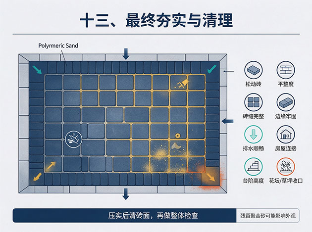 最终夯实与清理 露台施工工艺:从场地准备到铺装完成的完整施工流程(图13)