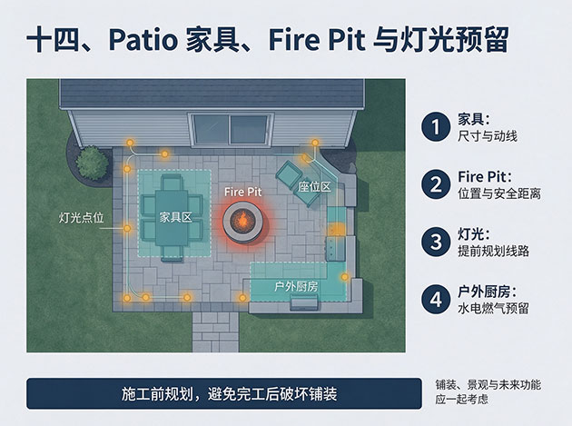 Patio 家具、Fire Pit 与灯光的预留 露台施工工艺:从场地准备到铺装完成的完整施工流程(图14)