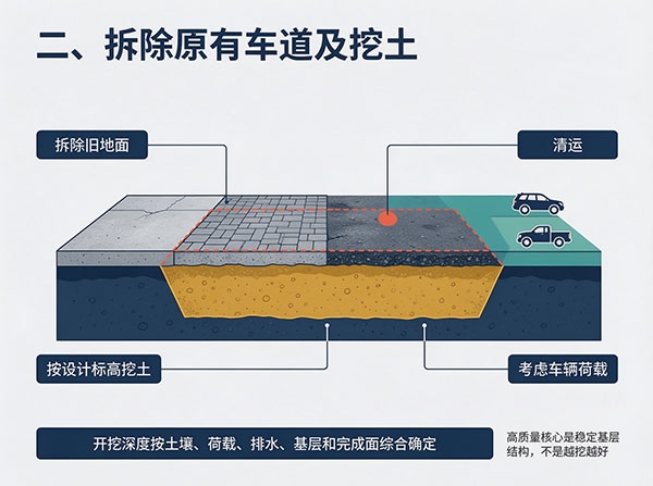 拆除原有车道及挖土 车道铺砖施工工艺:从基层处理到铺装完成的完整施工流程(图3)