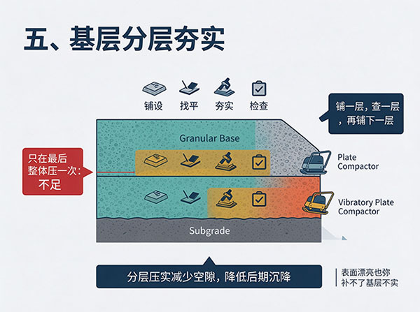 基层分层夯实 车道铺砖施工工艺:从基层处理到铺装完成的完整施工流程(图5)