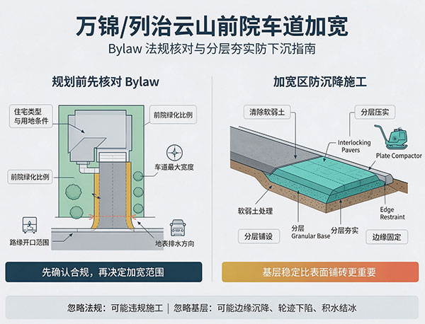 万锦/列治文山前院车道加宽指南:最新 Bylaw 法规、铺砖宽度与分层夯实防下沉施工(图1) 万锦/列治文山前院车道加宽指南:最新 Bylaw 法规、铺砖宽度与分层夯实防下沉施工(图1)