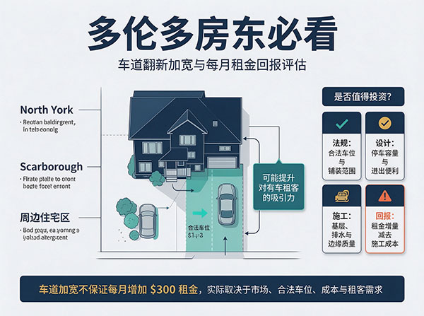 多伦多出租屋车道加宽指南:每月多赚 $300 租金?法规、停车位与投资回报率分析(图1) 多伦多出租屋车道加宽指南:每月多赚 $300 租金?法规、停车位与投资回报率分析(图1)